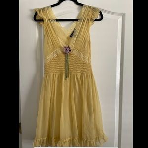 Betsey Johnson Sheer Yellow Dress with Velvet Flower Detail, Size 4